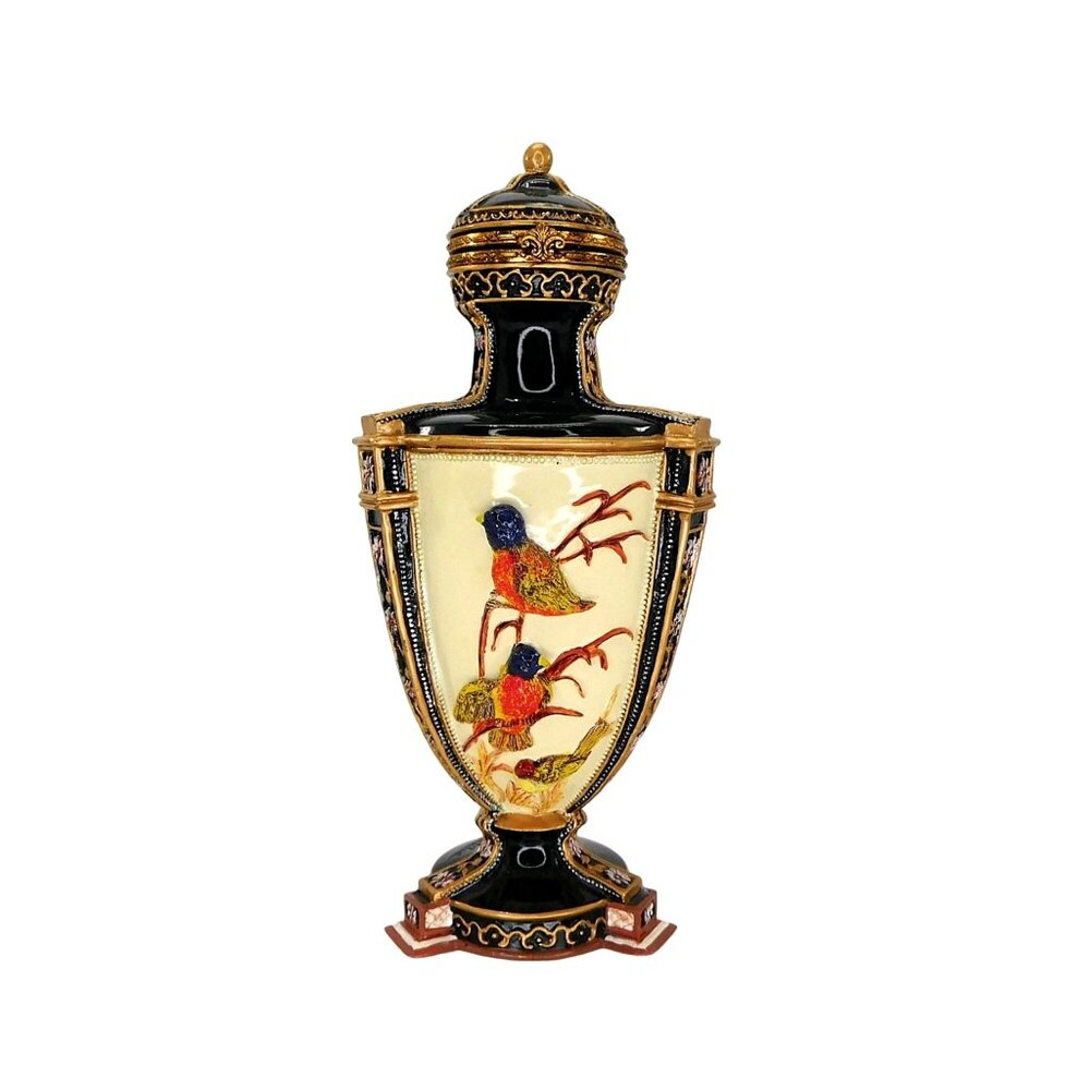 Sahiba Songbirds Flower Vase 3-D Urn Design Hinged Lid Hand Painted Vase